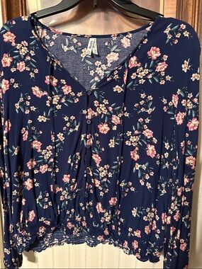 Mudd Floral Button-Front Navy Blouse
